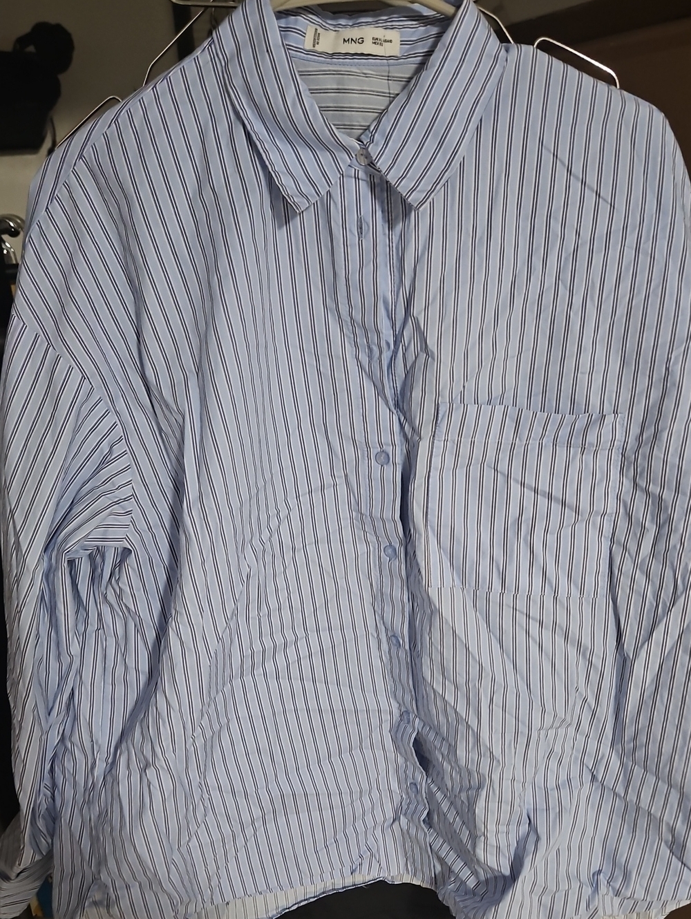 Mango Womens Sz 10 Blue Striped Button-Up Loose Menswear Dress Shirt